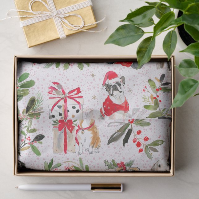 Papier Mousseline Christmas dogs and greenery pattern (Cadeau)