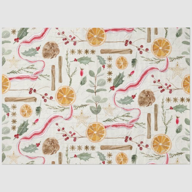 Papier Mousseline Christmas Holly Berry Cinnamon Orange Decoupage (Recto)