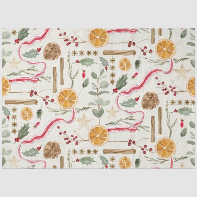 Papier Mousseline Christmas Holly Berry Cinnamon Orange Decoupage (Recto)