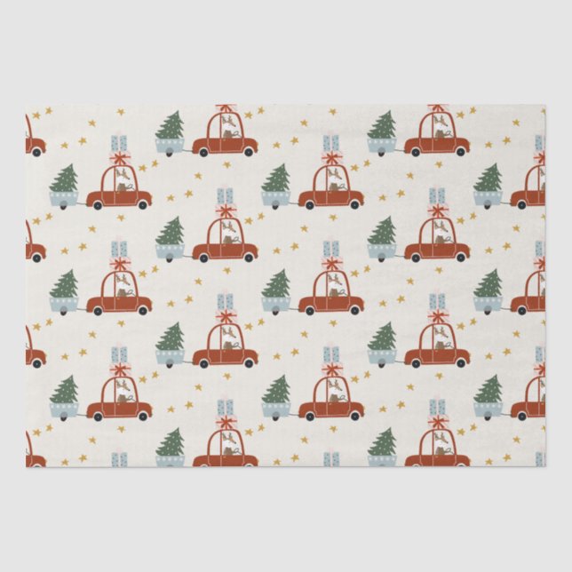 Papier Mousseline Christmas Tree Red Car Illustration  (Recto)