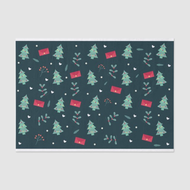 Papier Mousseline Christmas Trees et Holly Modern Pattern Dark Blue (Recto)