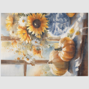 Papier Mousseline Chute Citrouille Tournesol Floral Bleu Blanc Décou