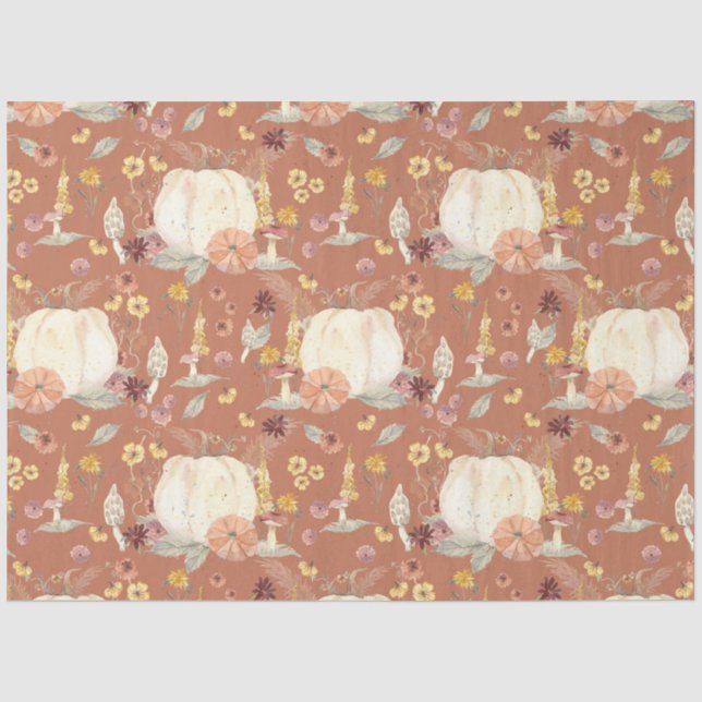 Papier Mousseline Chute Floral Blanc Citrouille Champignons rouille  (Recto)