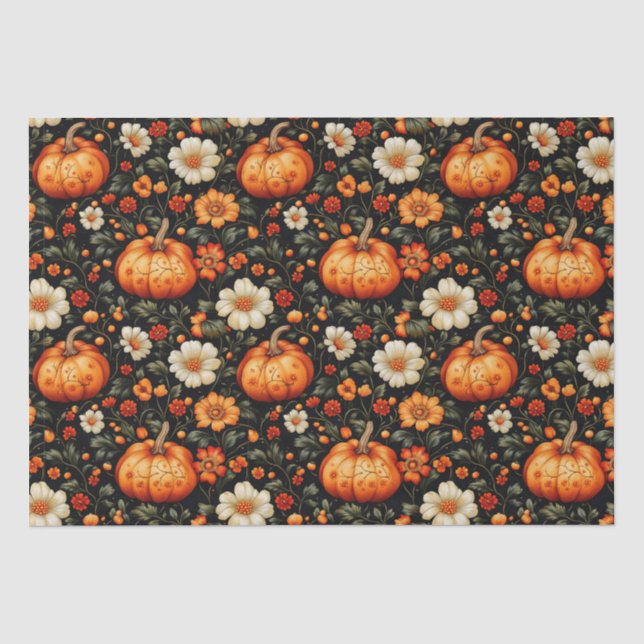 Papier Mousseline Chute Orange Citrouilles Et Florales (Recto)