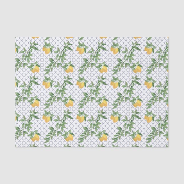 Papier Mousseline Citrons Carreaux blancs Feuille Fruit botanique (Recto)