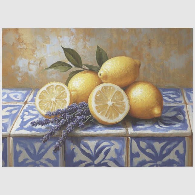 Papier Mousseline Citrons et carreaux bleu lavande Vie morte (Recto)