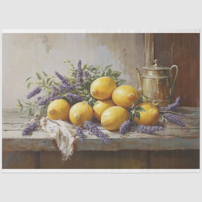 Papier Mousseline Citrons et lavande avec Teapot Peinture Découpage (Recto)