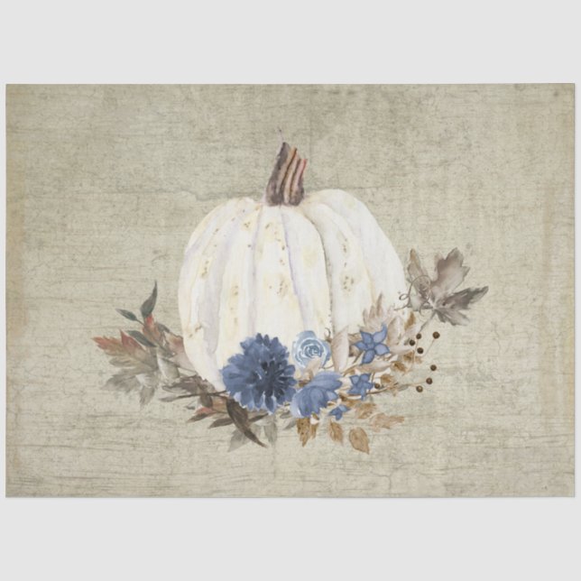 Papier Mousseline Citrouille Automne Marine Bleu Floral Foliage Bois (Recto)