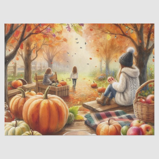 Papier Mousseline Citrouilles d'automne Feuilles et Enfants (Recto)