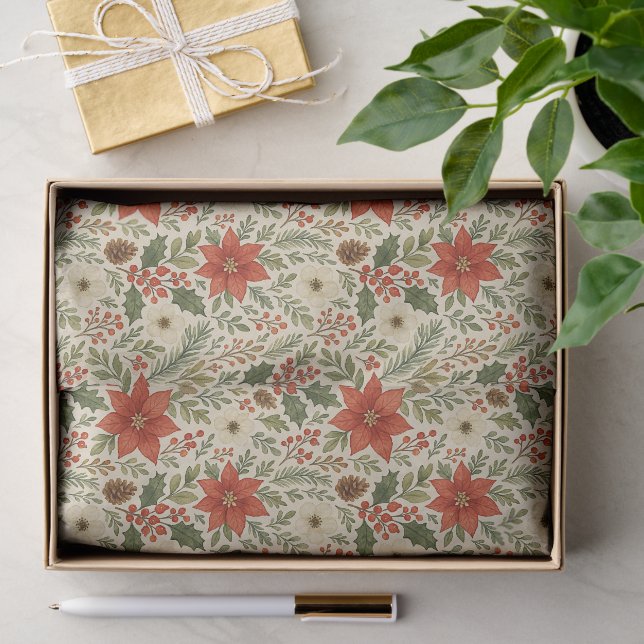 Papier Mousseline Classé Botanique Poinsettia Floral Art Motif (Cadeau)