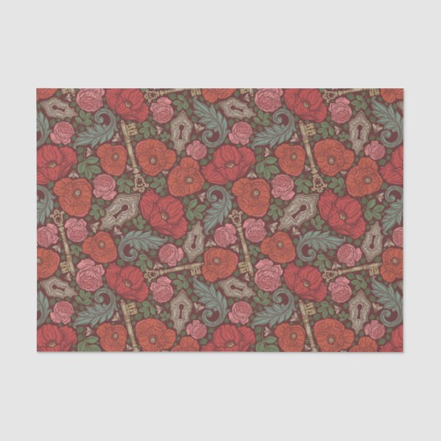 Papier Mousseline Clé de serrure ancienne Steampunk victorien Poppys (Recto)