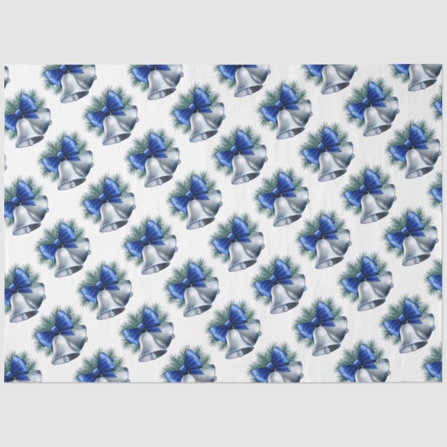 Papier Mousseline Cloches de Noël en argent avec Bow bleu (Recto)