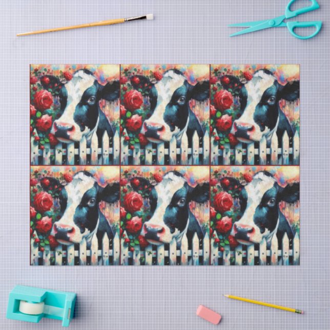 Papier Mousseline Clôture Holstein Picket de vache Roses rouges Déco (Artisanat)