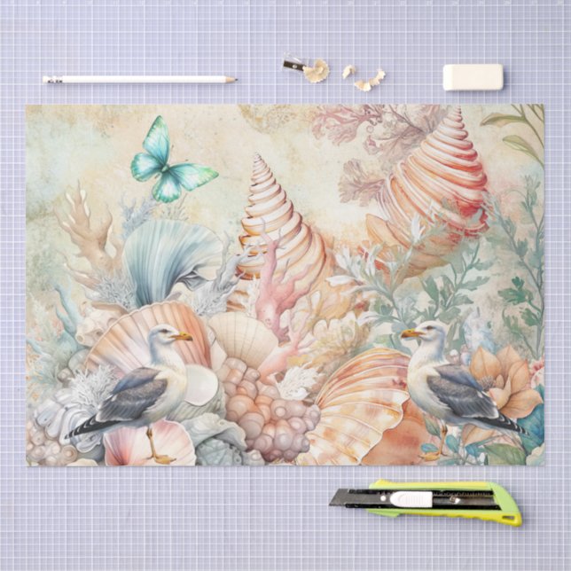 Papier Mousseline Coastal Floral Seagulls & Seashells Decoupage  (Artisanat)