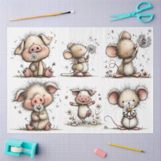 Papier Mousseline Cochon et Souris Fantaisistes au Printemps