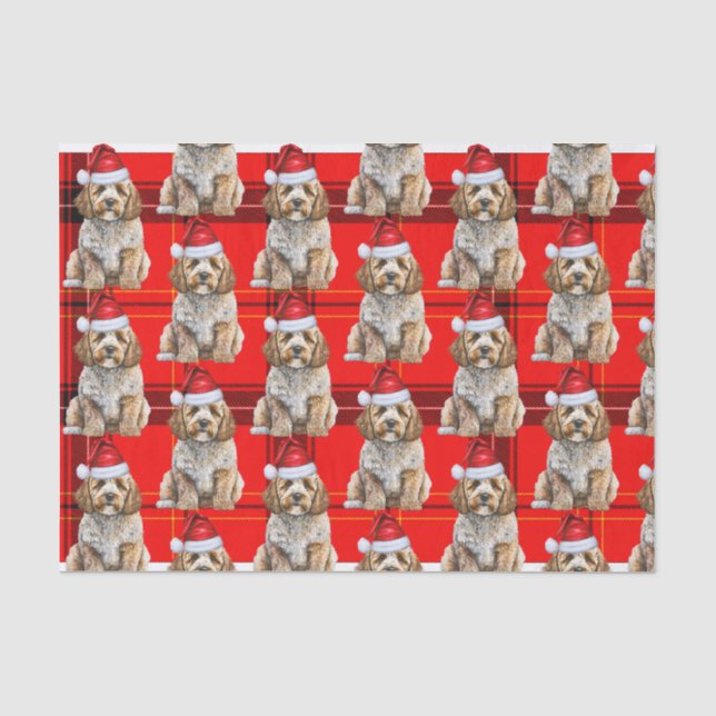 Papier Mousseline Cockapoo Père Noël Dog sur Red Plaid Noël (Recto)
