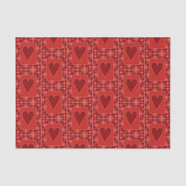 Papier Mousseline Coeur à patchwork rouge rustique (Recto)