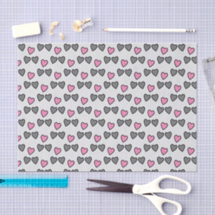 Papier Mousseline Coeurs d'amour gris et cadeau rose