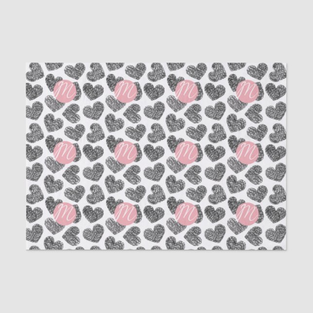 Papier Mousseline Coeurs de Doodle Noir et Blanc modernes Monogramme (Recto)