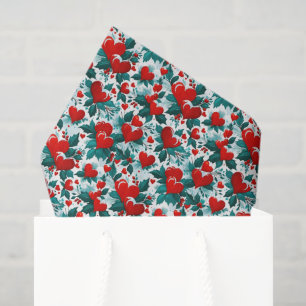 Papier Mousseline Coeurs de Noël rouges neige et Holly