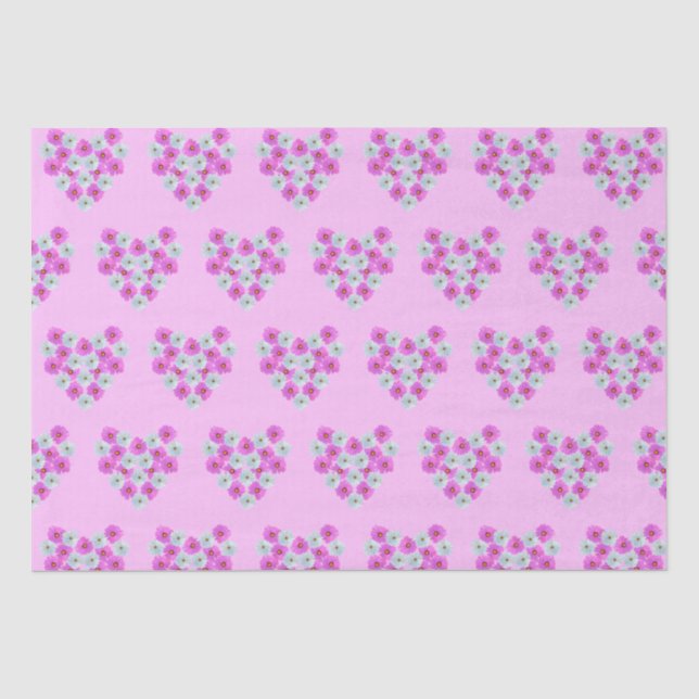 Papier Mousseline Coeurs Fleurs Cosmos Rose et Blanc Papier Tissu (Recto)