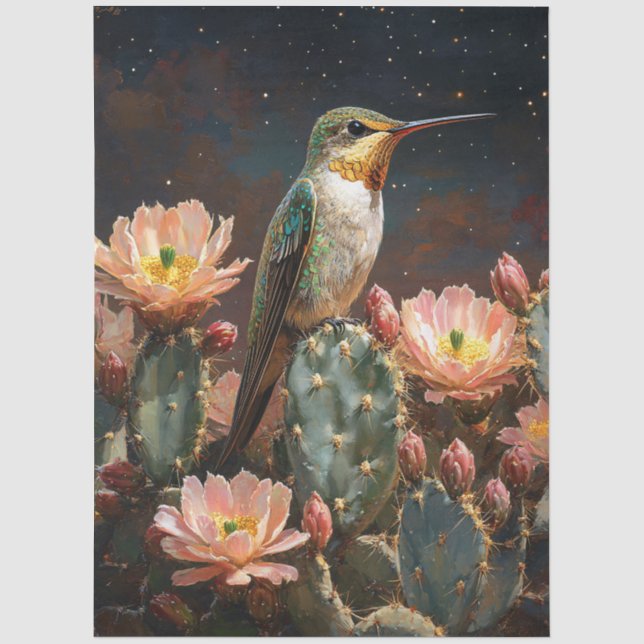 Papier Mousseline Colibri sur un cactus en fleurs (Recto)