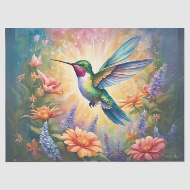 Papier Mousseline Colibri unique dans le jardin fleuri (Recto)