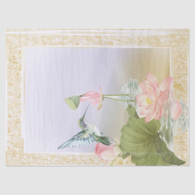Papier Mousseline Colibri vert et découpage de fleurs roses (Recto)