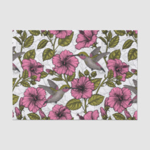 Papier Mousseline Colibris et fleurs d'hibiscus roses