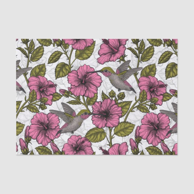 Papier Mousseline Colibris et fleurs d'hibiscus roses (Recto)
