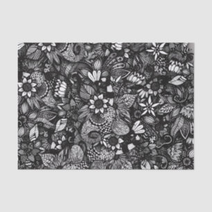 Papier Mousseline Collage floral dessiné noir et blanc moderne