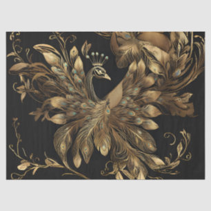 Papier Mousseline Coq d'or avec plumes bleues sur noir