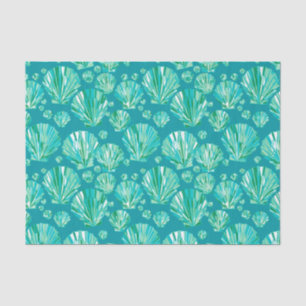 Papier Mousseline Coquillages, Aqua et turquoise géométriques