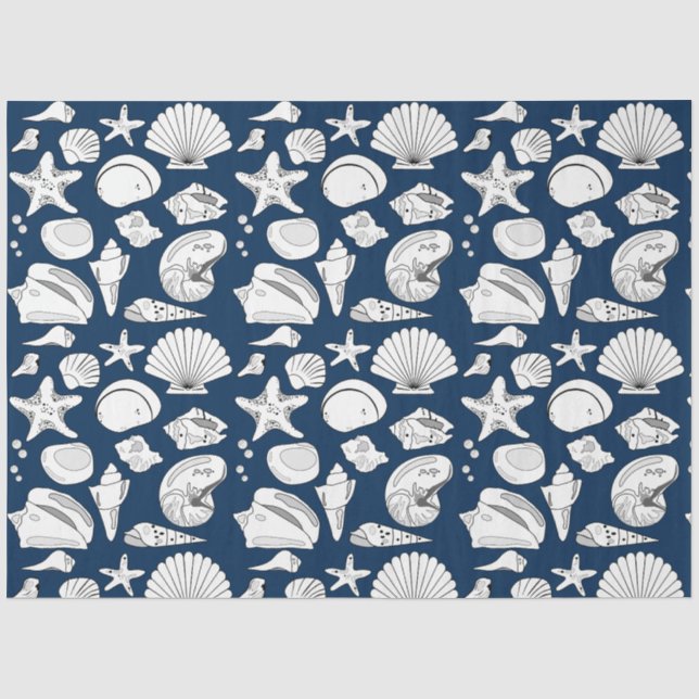 Papier Mousseline Coquillages Nautique Marine Blue Decoupage (Recto)