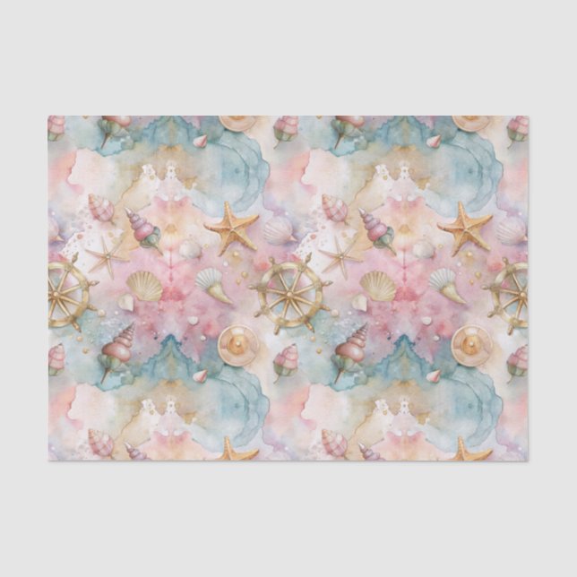 Papier Mousseline Coquillages Nautiques Whimsical Découpage rose (Recto)