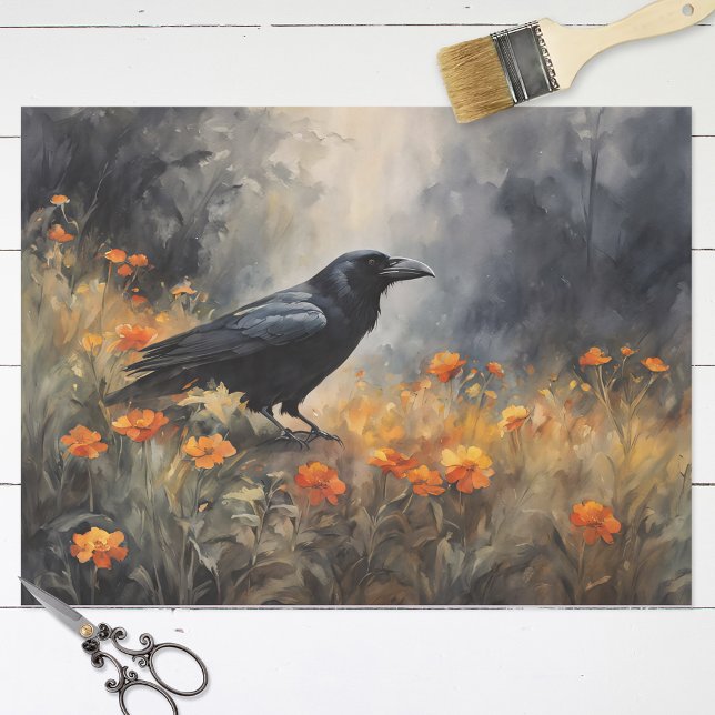 Papier Mousseline Corbeau aquarelle dans un champ Fleur sauvage Déco (Créateur téléchargé)
