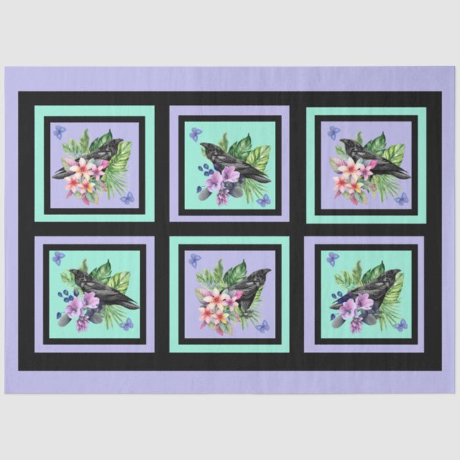 Papier Mousseline Corbeau noir Fleurs d'aquarelle mixtes (Recto)