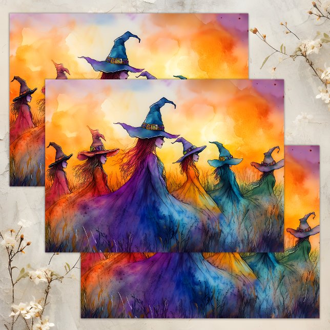 PAPIER MOUSSELINE COULEUR D'EAU HALLOWEEN WITCHES DÉCOUPAGE (WATERCOLOR HALLOWEEN WITCHES DECOUPAGE TISSUE PAPER)