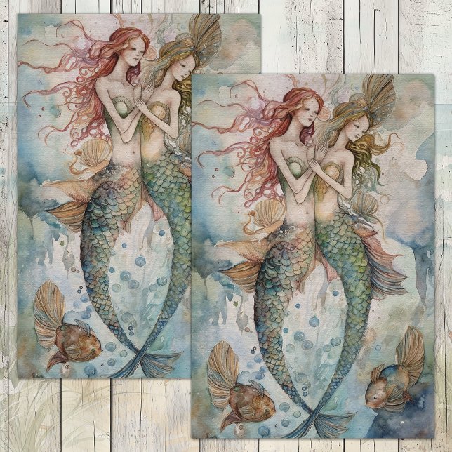PAPIER MOUSSELINE COULEUR D'EAU MERMAID SISTERS DÉCOUPAGE (WATERCOLOR MERMAID SISTERS DECOUPAGE TISSUE PAPER)