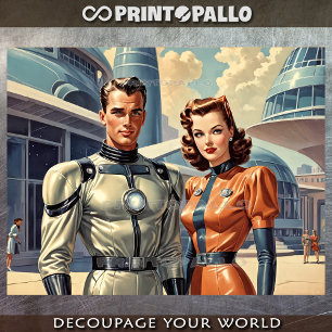 Papier Mousseline Couple de super-héros rétro-futuristes des années
