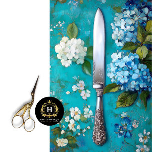 Papier Mousseline Couteau Vintage avec Motif Floral d'Hydrangea Bleu
