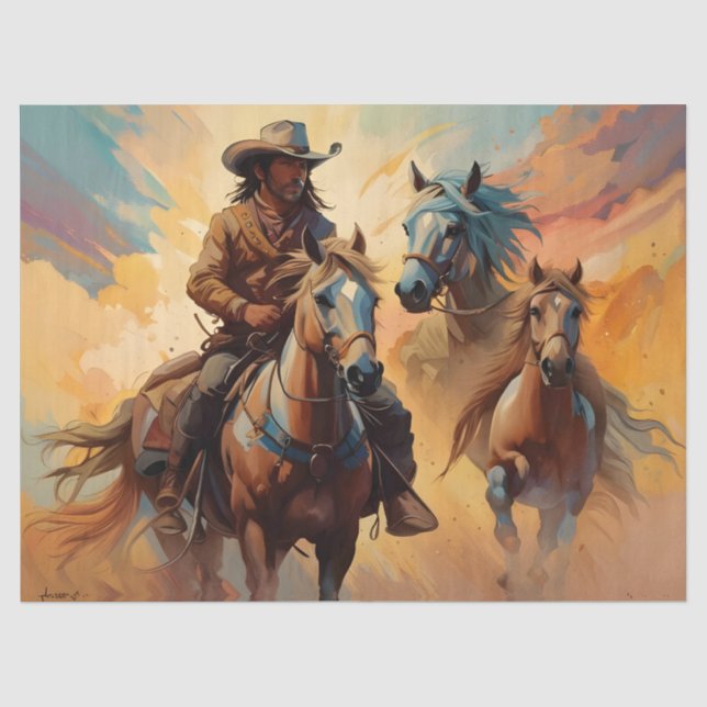 Papier Mousseline Cowboy Chevaux Occidentaux bleu Tan Collage (Recto)