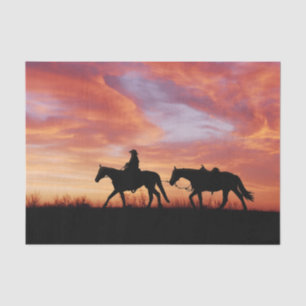 Papier Mousseline Cowboy couché du soleil et silhouette de cheval