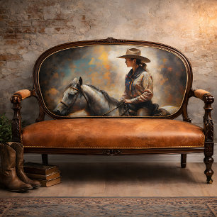Papier Mousseline Cowgirl chevauchant un cheval blanc Coucher de sol