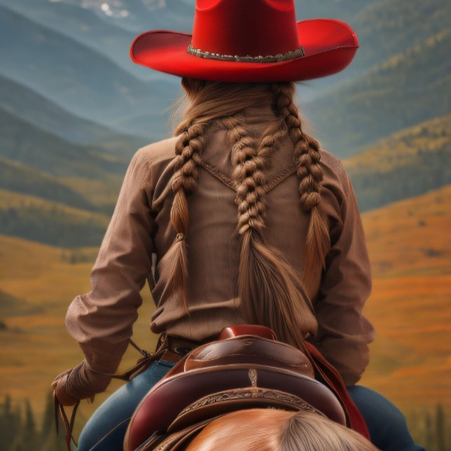 Papier Mousseline Cowgirl riding into the sunset, Cowboy hat v10 (Cowgirl Riding into the sunset with a red Cowboy Hat)