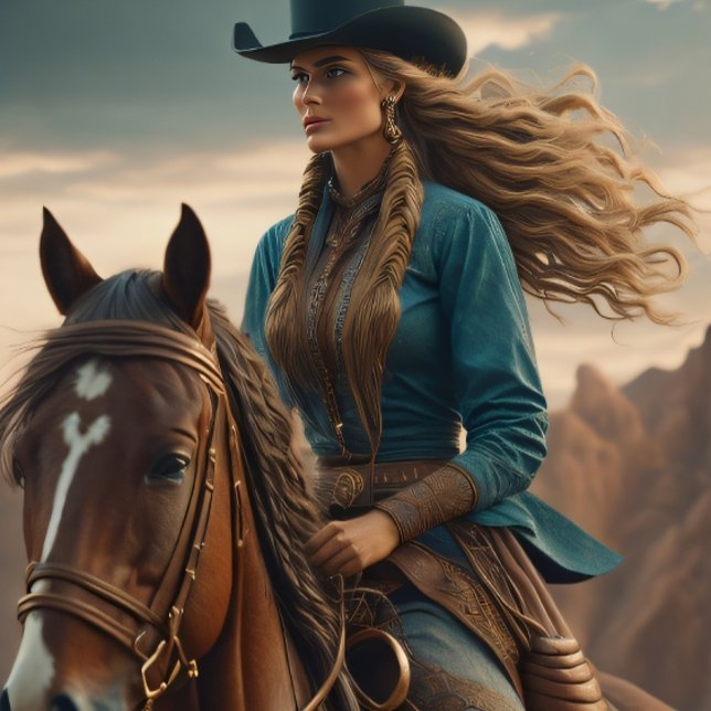 Papier Mousseline Cowgirl riding into the sunset, Cowboy hat v3 (Cowgirl with black Stetson)