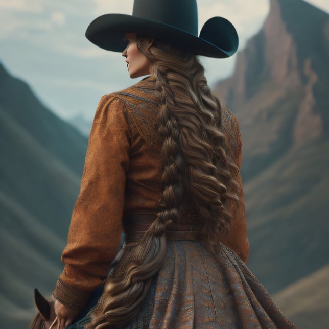 Papier Mousseline Cowgirl riding into the sunset, Cowboy hat v3 (Cowgirl Riding into the sunset with Black Stetson)