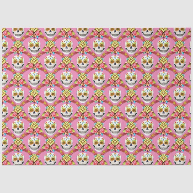 Papier Mousseline Crâne à sucre - Grille diagonale (rose) (Recto)