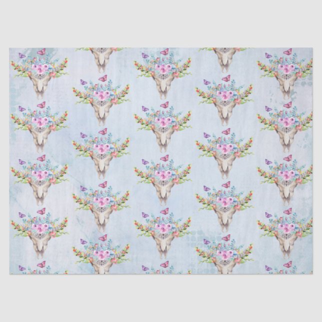 Papier Mousseline Crâne animal Boho avec papillons et fleurs (Recto)