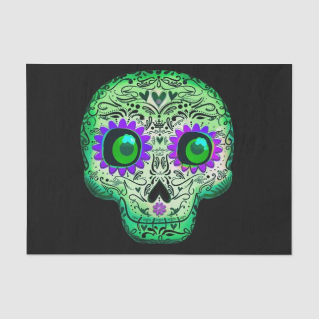 Papier Mousseline Crâne de sucre vert et violet brillant Halloween (Recto)